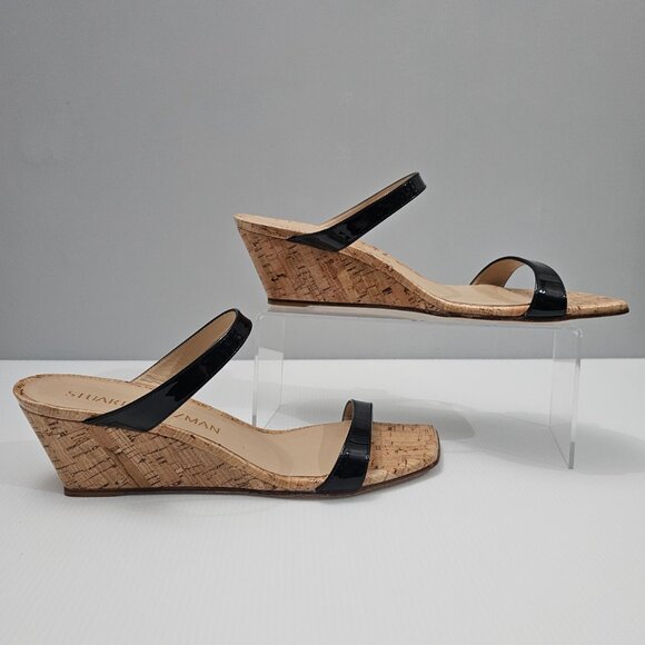 Stuart Weitzman Black Patent Leather Wedge Sandals - Picture 3 of 12